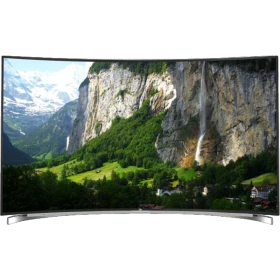 Beko B55C 9593 5S1 Ultra HD 4K TV, kavisli siyah ekranında dağ ve şelale manzarası