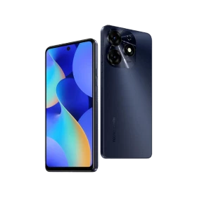 Tecno Spark 10 Pro siyah akıllı telefon, ön ekran ve arka kamera tasarımıyla vitrin görünümü
