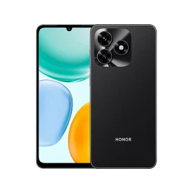 Siyah Honor X5C akıllı telefon, ön ekran ve üçlü kamera modüllü arka tasarım vitrini görünümü