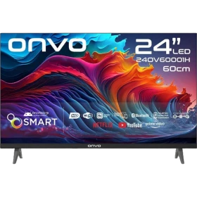 Onvo 24OV6001H HD Ready LED televizyonun 24 inç siyah ekranı ve ayaklı önden görünümü
