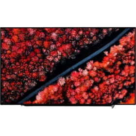 LG OLED77C9PLA Ultra HD 4K OLED televizyon; kırmızı ve canlı renkli şehir manzaralı vitrinde ekran görüntüsü