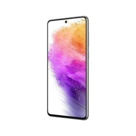Samsung Galaxy A73 siyah akıllı telefon, ön yüz ekran görünümü ve ince çerçeveli tasarım