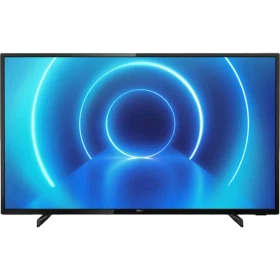 Philips 43PUS7505 Ultra HD 4K LED televizyon, siyah çerçeveli ekran ve mavi soyut ışık efekti ile vitrinde