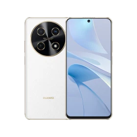 Huawei Nova 13i beyaz akıllı telefon, ön ekran ve arka kamera modülüyle vitrin görünümü
