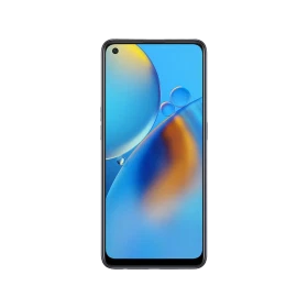 Mavi Oppo A74 akıllı telefon, ön yüzü ve ekranı açık şekilde sergileniyor