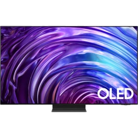 Samsung 77S95D Ultra HD 4K OLED televizyon, genel renk, canlı mor mavi ekran tasarımı ile vitrinde görünüm