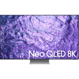 Samsung 75QN700C Ultra HD 8K QLED televizyon; ekranda Neo QLED 8K yazısı ve mor renkli canlı görüntü gösterimi