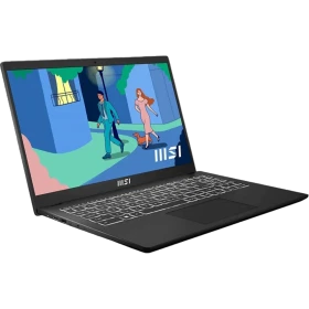 MSI Modern 15 B12MO-624XTR siyah iş ofis laptopu, ekranda multimedya içerik açık görünüyor.