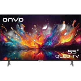 Onvo 55OVF5000AQ Ultra HD 4K LED televizyon, siyah çerçeveli ekranında renkli soyut görüntü