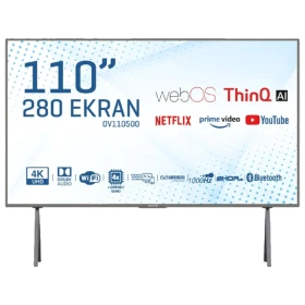 Onvo OV110500 Ultra HD 4K TV, 110 inç siyah çerçeveli LED televizyon görünümü