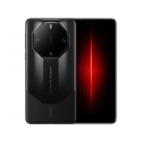 Huawei Mate 60 RS Ultimate siyah akıllı telefonun ön ve arka yüzünü gösteren ana vitrin çekimi