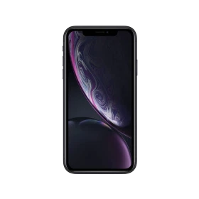 Apple iPhone XR siyah akıllı telefon, önden görünüm; tam ekran çentikli tasarım ve renkli ekran detayı
