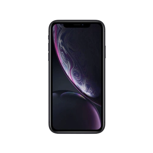 Apple iPhone XR siyah akıllı telefon, önden görünüm; tam ekran çentikli tasarım ve renkli ekran detayı