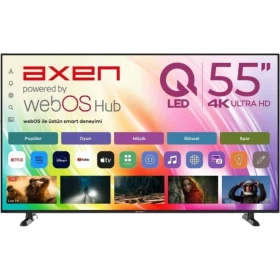 Axen AX55QO4OTL-W2S Ultra HD 4K LED televizyon, webOS Hub arayüzü açık ekranıyla önden görünür.