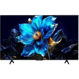 TCL 55T6C Ultra HD 4K LED televizyon; ekranda mavi çiçek manzarası, siyah çerçeveli vitrin görünümü