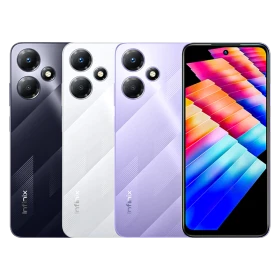 Infinix Hot 30 Play NFC siyah akıllı telefon, arka çift kamera tasarımı ve tam ekran görünümü