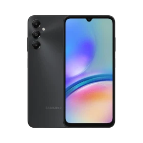 Samsung Galaxy A05s siyah akıllı telefon, ön ekran ve üçlü arka kamera tasarımıyla vitrin görünümü