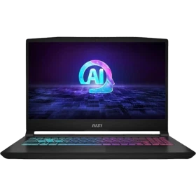 MSI Katana A15 AI B8VG-434XTR siyah oyuncu laptop, açık ekran ve RGB klavye aydınlatmasıyla önden görünüyor