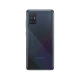Samsung Galaxy A71 siyah akıllı telefonun arka yüzü, dört kamera modülü ve parlak kapak tasarımı