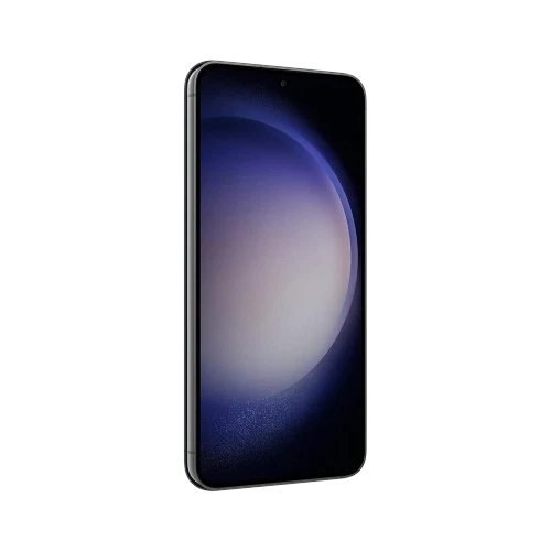 Samsung Galaxy S23 siyah akıllı telefon, önden görünüm, ince çerçeveli ekran ve ön kamera detayı