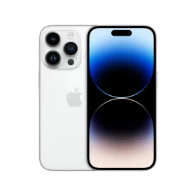 Apple iPhone 14 Pro Max beyaz akıllı telefon, ön ve arka görünüm, üçlü kamera modüllü vitrin çekimi
