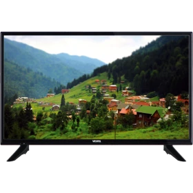 Vestel 32HD7100 HD Ready LED televizyon, siyah çerçeveli ekranında yemyeşil dağ köyü manzarası gösteriyor