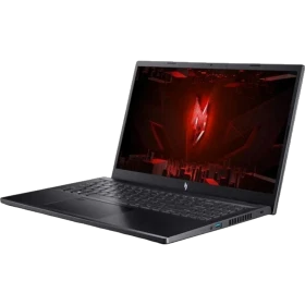 Acer Nitro V 15 ANV15-51A9 siyah oyuncu laptop, açık ekranlı ve yandan açılı görünümde