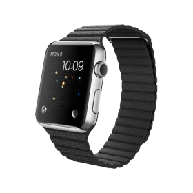 Apple Watch 42 mm gümüş paslanmaz çelik kasalı, siyah deri Loop kayışlı akıllı saat