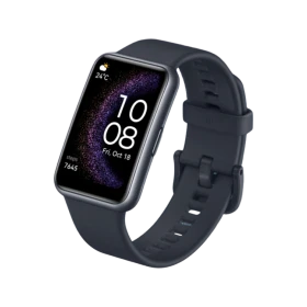 Huawei Watch Fit SE siyah akıllı saat, dikey ekranı ve ayarlanabilir silikon kordonuyla önden görünüm