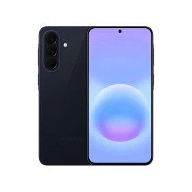Samsung Galaxy A57 5G lacivert akıllı telefon, ön ekran ve üçlü arka kamera tasarımıyla görünümü