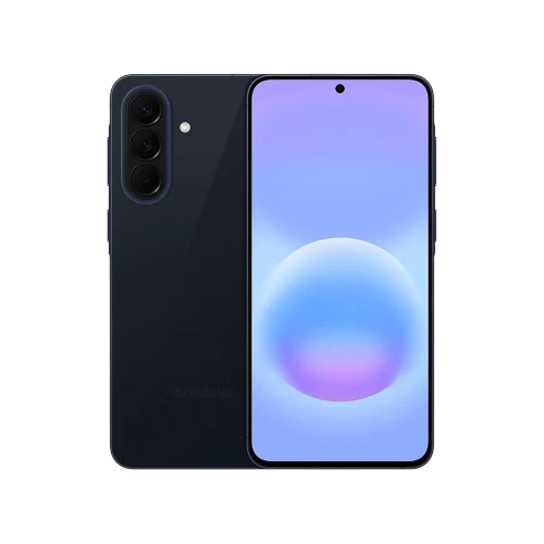 Samsung Galaxy A57 5G lacivert akıllı telefon, ön ekran ve üçlü arka kamera tasarımıyla görünümü