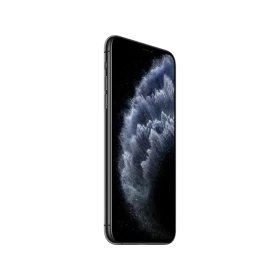Siyah Apple iPhone 11 Pro Max akıllı telefon, yandan görünüm, çentikli ekran ve koyu uzay temalı duvar kâğıdı