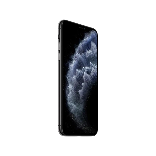 Siyah Apple iPhone 11 Pro Max akıllı telefon, yandan görünüm, çentikli ekran ve koyu uzay temalı duvar kâğıdı