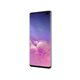 Samsung Galaxy S10 Plus siyah akıllı telefon, önden ekran görünümü ve çift ön kamera detaylı tasarım