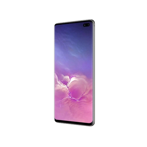 Samsung Galaxy S10 Plus siyah akıllı telefon, önden ekran görünümü ve çift ön kamera detaylı tasarım