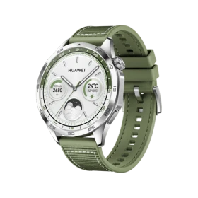 Huawei Watch GT 4 Yeşil 46mm akıllı saat, gümüş kasası ve yeşil kayışıyla önden görünür.