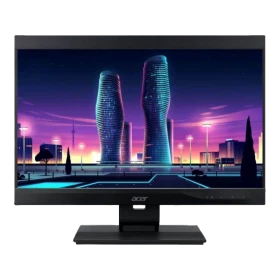 Acer Veriton Z4 VZ49400A5 masaüstü bilgisayar, siyah ekranı ve şehir manzarasıyla önden görünüm