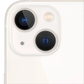 Beyaz Apple iPhone 13 akıllı telefonun arka kamera modülüne yakın plan, çift lens ve flaş detayı