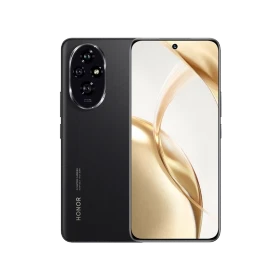 Honor 200 siyah akıllı telefon, ön ekran ve arka kamera modülü görünümüyle vitrin çekimi