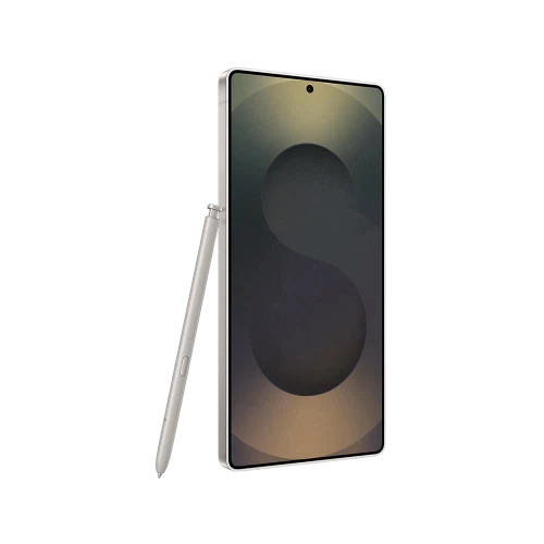 Titanyum Siyah Samsung Galaxy S25 Ultra akıllı telefon, önden ekran görünümü ve S Pen kalemle birlikte