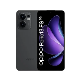 Oppo Reno 13 FS 5G gri akıllı telefon, ön ekran ve çift kameralı arka tasarım vitrin görünümü