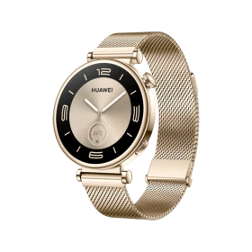 Huawei Watch GT 4 Altın 41mm akıllı saat, altın metal örgü kayış ve yuvarlak kadranla önden görünüm