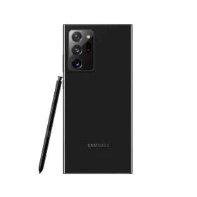 Siyah Samsung Galaxy Note 20 Ultra akıllı telefonun arka yüzü, üçlü kamera modülü ve S Pen kalemiyle birlikte