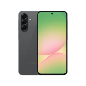 Siyah Samsung Galaxy A56 akıllı telefon, ön ekran ve üçlü arka kamera tasarımıyla vitrin görünümü