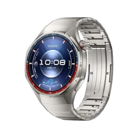 Huawei Watch GT 6 Pro Titanyum akıllı saat, metalik titanyum kasa ve kordonuyla üç çeyrek açıdan görünür.