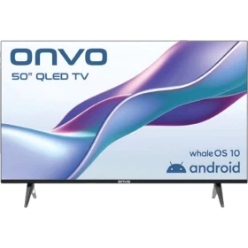 Onvo 50VQ80F2FA Full HD FHD TV, renkli ekranı ve iki ayaklı siyah tasarımıyla önden görünüm