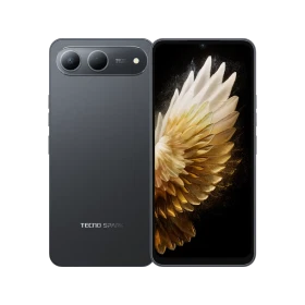 Tecno Spark 40 5G siyah akıllı telefonun ön ve arka görünümü, çift kamera ve delikli ekran tasarımı