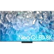 Samsung 65QN900B Neo QLED 8K Ultra HD televizyon; Neo QLED 8K yazılı, mavi su temalı ekran.