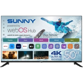 Sunny SN50UPRL-W02M Ultra HD 4K TV, 50 inç ekran ve webOS Hub arayüzüyle önden görünüm