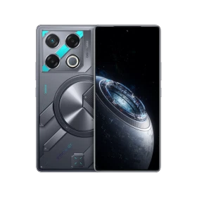 Infinix GT 20 Pro mavi akıllı telefon, ön ekran ve üç kameralı arka tasarım vitrin görünümü